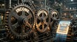 © spyrakot - Giant gears labeled income, deductions, and credits processing tax return in industrial setting