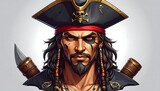 A stern-faced pirate captain with dark hair, goatee, and a tri-corner hat. His gaze is intense with a sword at his side