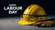 © PNG Visual Studio  - Happy labour day greeting with construction helmet and work gloves on dark background