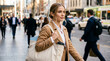 © Running opossum - young woman commuting to work in bustling city street with casual attire and determined look