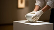 © photo for everything - Pair of hands in white gloves carefully place a delicate ceramic vase on a white pedestal in a dimly lit art gallery or museum setting