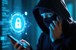 © miss irine - Person in mask uses smartphone. Digital lock icon shows data security. Anonymous hacker makes scam call from mobile phone. Cyber crime threat on phone.