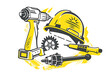© jian - Modern Line Art Labor Day Tools Illustration in Yellow and Black, Impactful Banner for Work Anniversary and Hardware Tools Marketing