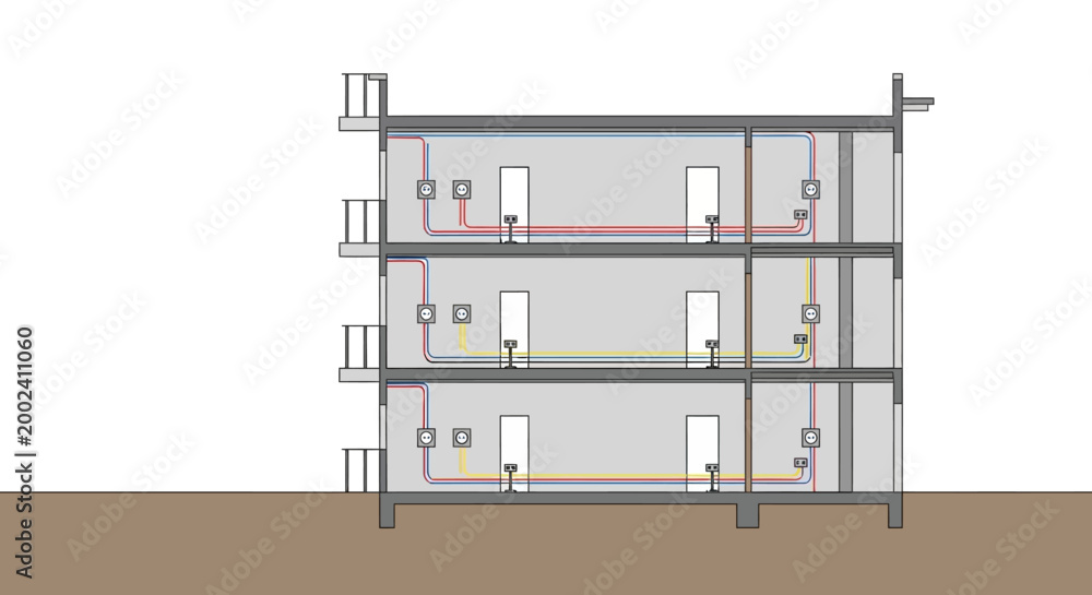 Architectural Cross-Section Diagram of a Three-Story Building with ...