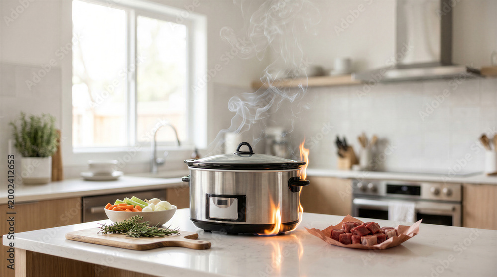 Electric slow cooker catching fire on a kitchen counter with smoke and ...