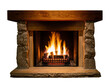 © Francisco - Isolated cozy stone fireplace with wooden mantel and burning log fire, warmth and comfort