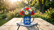 © ViskBx - A beautiful bouquet of red anemones, white daisies, and blue cornflowers in a blue hello july mug on a rustic wooden table at sunset