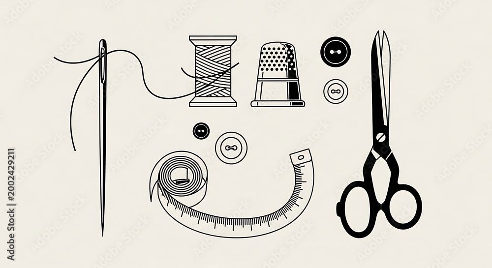A collection of sewing and tailoring tools including a needle and ...
