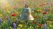 © Alpha - A weathered brass bell floats weightlessly amidst a vibrant meadow of colorful blossoms and lush green foliage under soft sunlight rays, conceptual, soft, nature