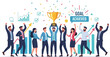 © alfan fikri - Diverse group of business professionals celebrating success with a golden trophy.