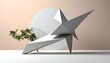 © Boby - Geometric sculpture, silver tones, origami-inspired, circular backdrop, green foliage