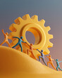 © Wasin Arsasoi - United Effort: Miniature figures collaborate to move a giant gear uphill, symbolizing teamwork, effort, and the power of unity in achieving a common goal.