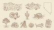 © KN collection - A collection of hand-drawn illustrations depicting iconic elements of the Nevada desert landscape, including mountains, cacti, wildlife, and state outline.
