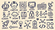 © fusiangkara - Hand drawn icons representing technology concepts like robot cyber eye net grid computer data input signal plugged upload save security loop rocket drone lightbulb power and code