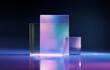 © AN - Holographic glass podiums glowing with purple and blue neon light