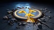 © Oulaphone - A glowing, cracked radioactive symbol embedded in a broken concrete surface with scattered debris around it.