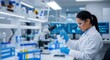 © MopoWe - Female scientist in white lab coat meticulously pipetting samples in a high-tech laboratory environment. Ideal for pharmaceutical research and healthcare diagnostic marketing.