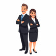 © Ayase - Two smiling cartoon business professionals, a man and a woman, standing back-to-back with crossed arms, wearing dark suits against a white background.