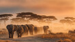 © zhou yan - Majestic elephants on a golden savanna at sunset. Warm cinematic lighting, textured skin, and floating dust. Acacia silhouettes create a peaceful mood. Right copy space suits travel ads.
