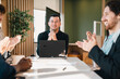 © chokniti - Business meeting office teamwork happy colleague diverse team laptop computer modern office group discussion creative agency casual clothing collaboration success business presentation modern