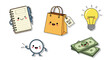 © Nafiza - Set of cute kawaii style stickers including a winking notebook, a happy shopping bag, a glowing lightbulb, and stacks of money with faces.