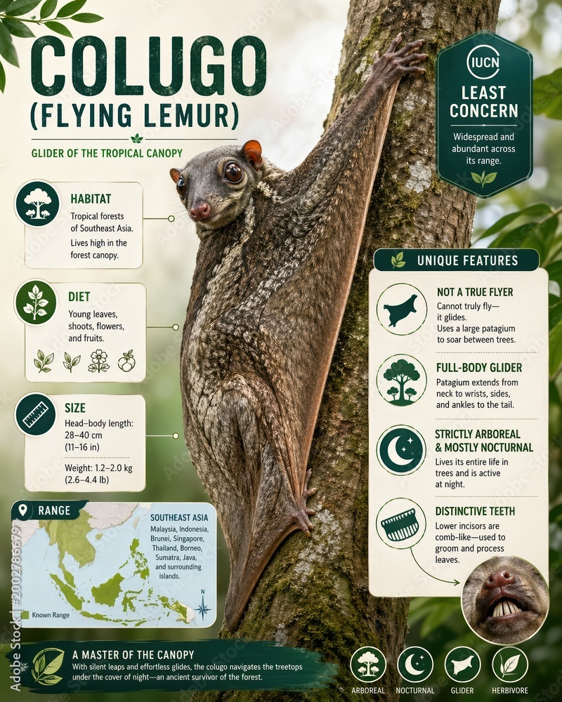 Colugo gliding through the trees in Southeast Asia showing its unique ...