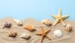 © Monster - Collection of seashells and starfish scattered on fine beach sand with blue background