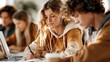 © Pinklife - A focused female student writing notes while listening to music in a bright space with peers around, illustrating a dynamic and engaging collaborative learning atmosphere.