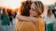 © Pinklife - In this beautiful sunset shot, two women share a heartfelt embrace, capturing a moment of love, friendship, and connection amidst a lively outdoor setting.