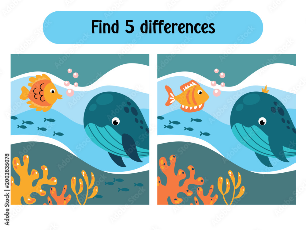 Find 5 differences educational game for kids with whale and fish. Stock ...