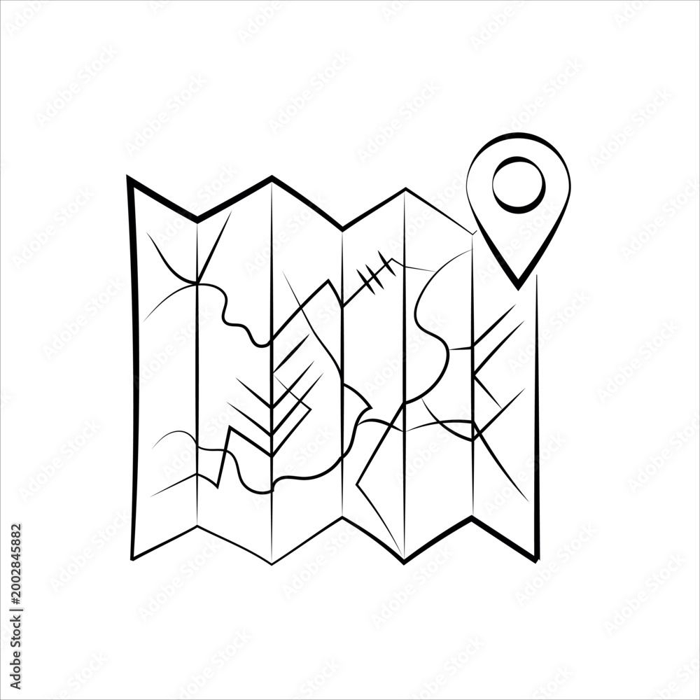 Folded map with location pin icon, navigation line art illustration ...