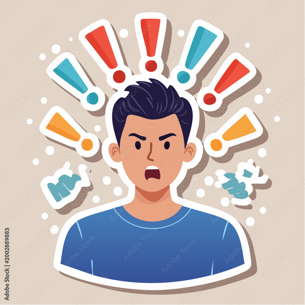 Angry Man with Exclamation Marks Around His Head Stock Vector | Adobe Stock