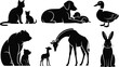 © MdAbdur - Black silhouette collection of animal mothers with their babies including cat dog bear giraffe duck and rabbit representing wildlife family and maternal love isolated