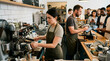 © logonv - Barista woman making coffee with espresso machine in cafe. Man cashier taking order on tablet. Diverse customers waiting in line. Busy coffee shop service, small business team work.
