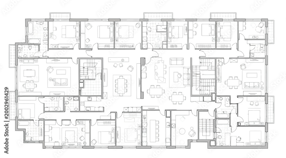 Architectural floor plan of a multistory residential building with ...