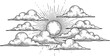© Sadiadesigner - Vintage sun and clouds line art illustration, hand-drawn vector sunburst with clouds in engraving style