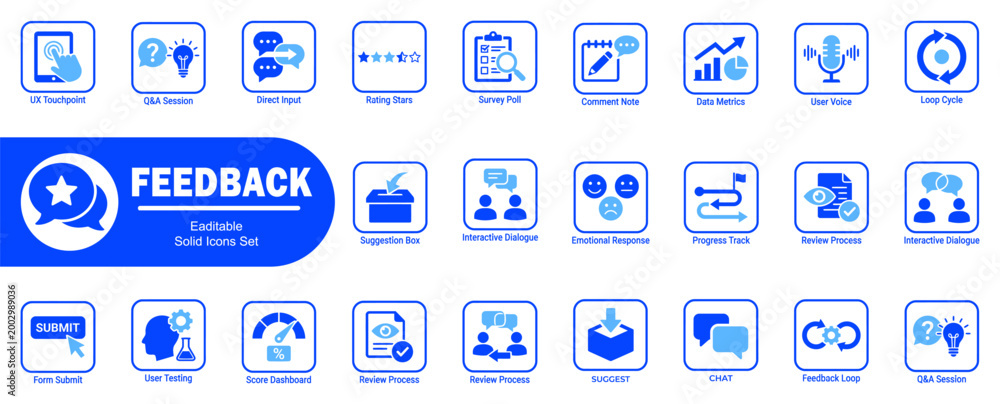 Modern feedback solid icons and symbols. Including ui touchpoint q&a ...