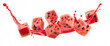 © Akbar - Cubed watermelon pieces floating in a red liquid splash, isolated on a white background, dynamic