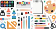 © Kanon Islam - Creative Art Supplies And Stationery Set With Watercolor Paints Brushes Notebook Palette Pens And School Tools For Artist Hobby vector illustration