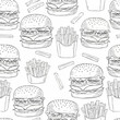 © yadicanary - Seamless Hand Drawn Fast Food Pattern with Burgers and Fries.