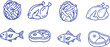 © SARNALY - A blue line drawing of various foods including a head of cabbage, a whole chicken, a fish, and a steak on a beige background