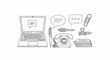 © pelangi - Collection of office supplies including a laptop, telephone, pens, and paper clips