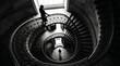 © kinomaster - Monochrome view of a spiral staircase with silhouetted figures and ornate railings. Conception of architecture, mystery, travel, design, luxury, heritage, editorial, poster, book cover. Generative AI.