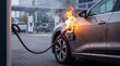 © xuxu - Electric car catching fire while charging at station. Ev battery malfunction igniting flames and smoke. Safety risk in electric vehicle charging infrastructure for sustainable transport.