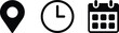 © MDMILON 2 - Calendar icon combined with clock and location pin symbols showing time date and address for event banner poster meeting agenda invitation