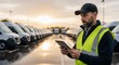 © TryOut - Logistics worker in high-visibility vest holding tablet, checking inventory of delivery vans