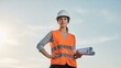 © NN AI - Female engineer in hard hat and safety vest holding blueprints. Professional woman architect at construction site. Leadership and planning concept