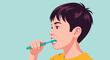 © Sagor - Young boy in a yellow shirt carefully brushes his teeth with a blue toothbrush against a light blue background.
