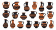 © Sagor - Historical collection of many different ancient Greek or Roman pottery vessels like amphorae and jars with ornate patterns.