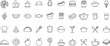 © shamsuzzoha - Vector illustration of minimalist food and drink icons including pizza, coffee, hamburger, ice cream, fruits, and utensils